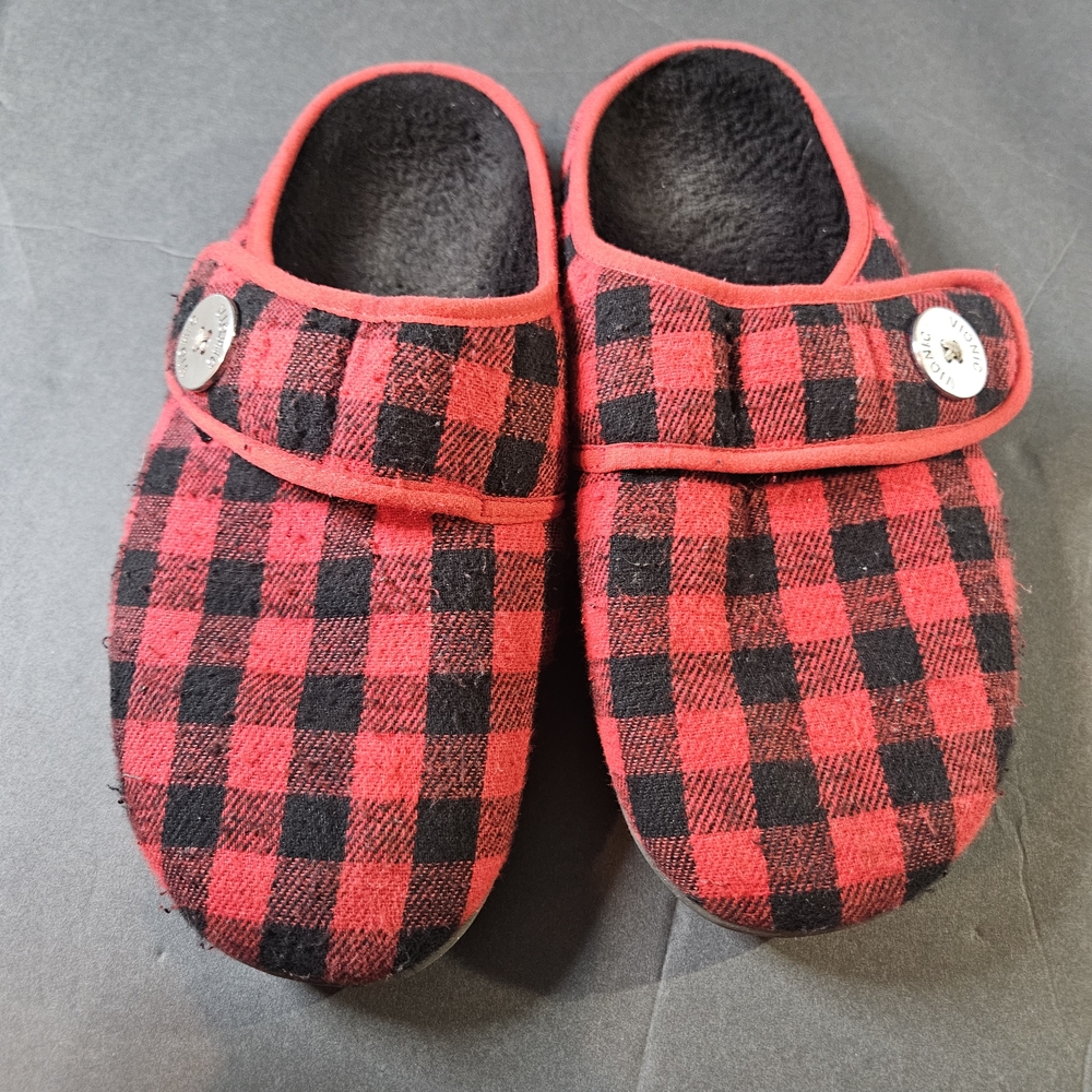 Vionic Sadie Red and Black Buffalo Plaid Slippers